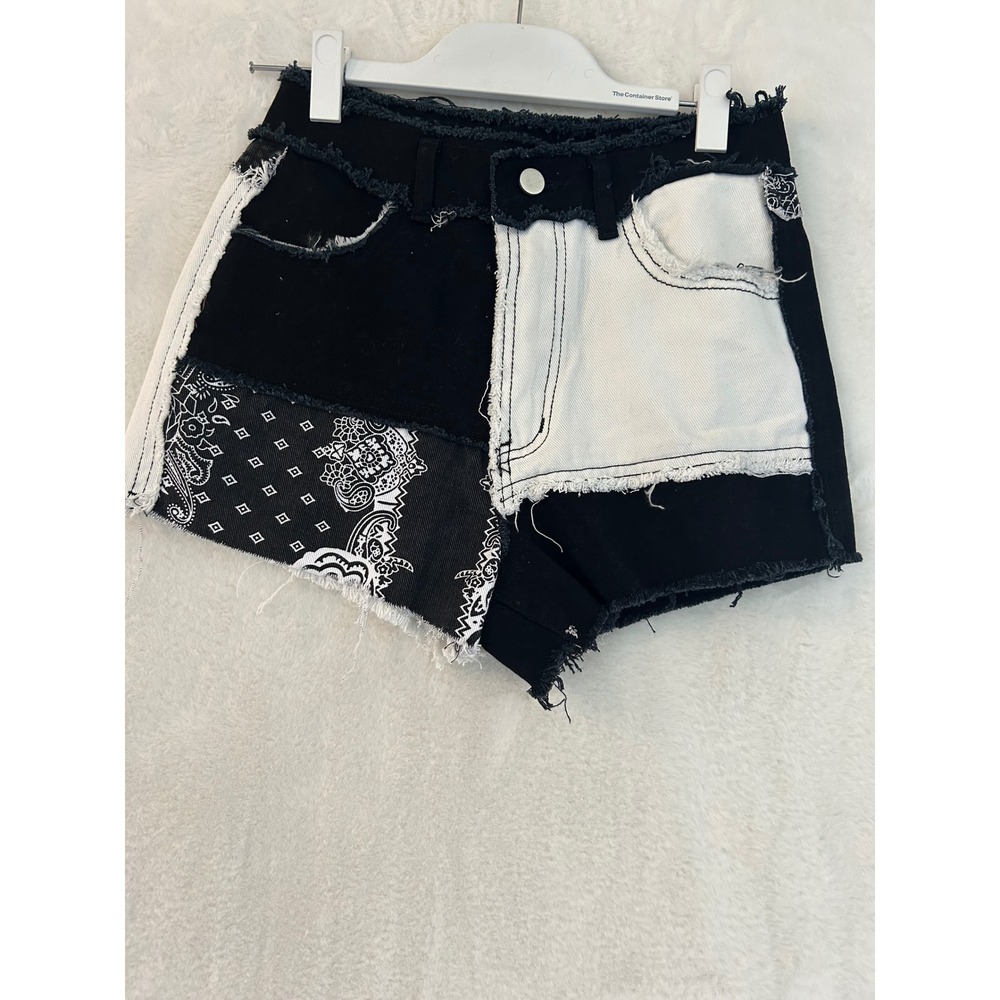 SHEIN Patchwork Bandana Denim Shorts Black White Colorblock Distressed Small